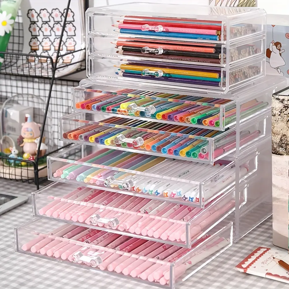 Three-layer/Five-layer Large-capacity Acrylic Desktop Storage Box, Transparent Large-capacity Storage Box, Creative Student Pen Holder, Stationery Tape Sorting, Multi-functional Desk Accessories with Drawers - Multi-functional Pen Holder