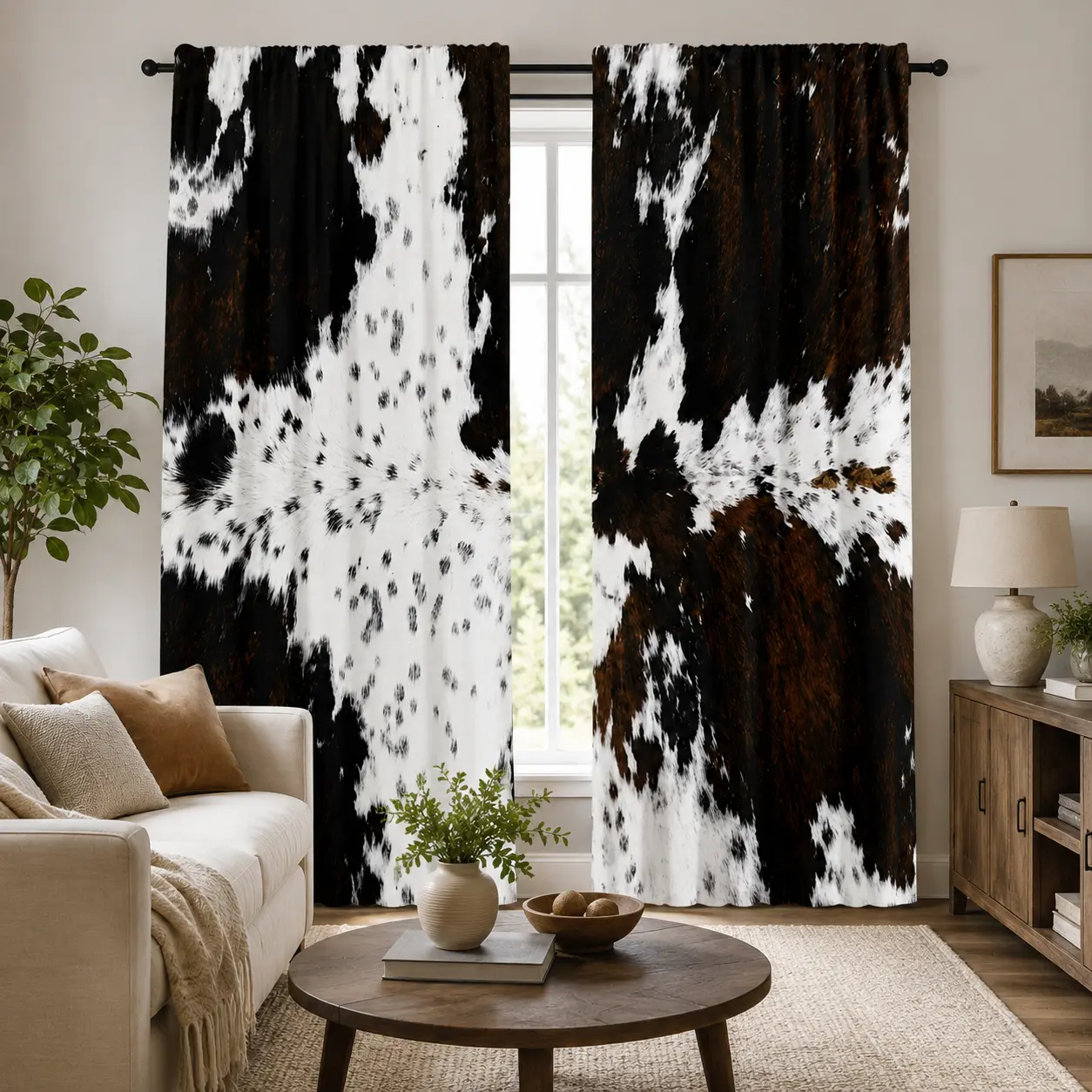 Western Cow Print Curtains for a Bold Farmhouse Room Makeover, Funny Design—Rustic Window Decor for Bedroom, Living Room, Kitchen, or Western-Inspired Home