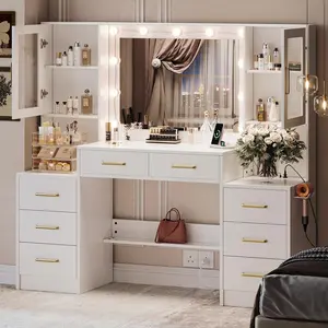 Vanity Desk with Mirror and Charging Station, Bedroom Dressing Table, Large Vanity Set, Makeup Vanity Table with Charging Station, Without Lights LED White Lighted wooden