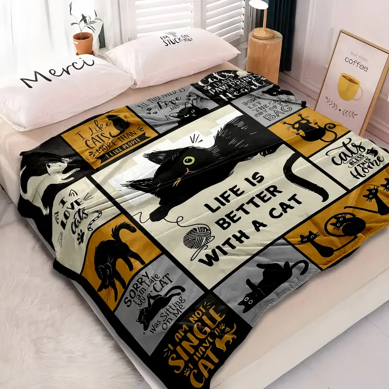 Rustic Animal Theme Character-Themed Cat Lover Patchwork Throw Blanket - Black-Yellow-Gray Grid, Black-White Silhouette, "Life Is Better With A Cat" Slogan, Soft Breathable Durable Flannel Fleece, All-Seasons Bedding, Perfect Birthday Gift for Adults