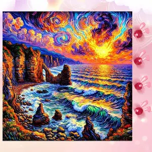 5D DIY Full Drill Round Diamond Painting - Diamond Art Kit Coast Sunset Mosaic, Canvas - DIY Decor, Home Wall Art, Suitable for Halloween, Christmas, Birthdays, and Anniversary Gifts