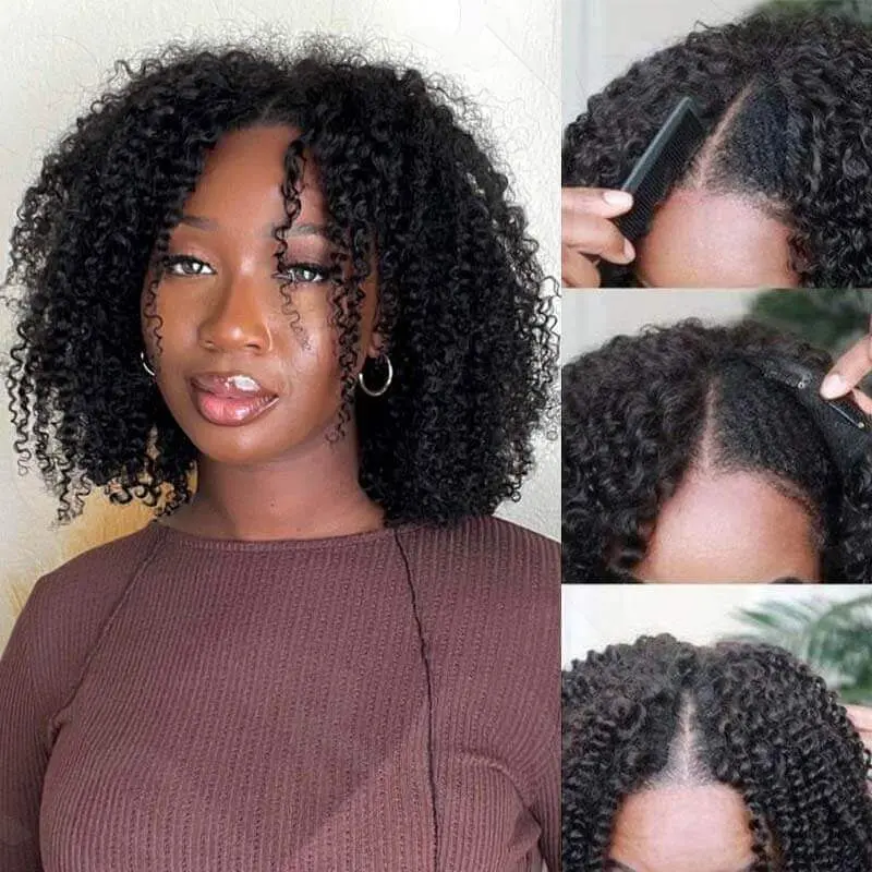 QVR Kinky Curly V-Part Human Hair Wig for Women, Beginner-Friendly Full Machine Made, Fluffy No Leave-Out Design, Fluffy Curly Wig