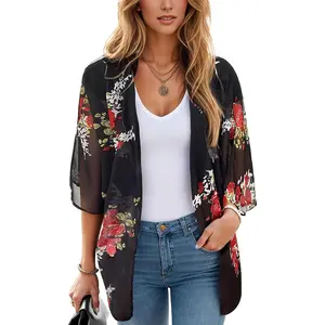 Women's Floral Print Puff Sleeve Kimono Cardigan Loose Cover Up Casual Blouse Tops