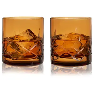Viski Admiral Cut Crystal Rocks Glasses in Amber, Set of 2