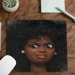 Funny Pouting Black Curly Hair Doll with Pearl Earrings Meme Square Gaming Mouse Pad, Gaming Accessory, Non-Slip Smooth Surface Mousepad for PC, Laptop, Small Size Ideal for Laptop, Gift for Meme & Friends