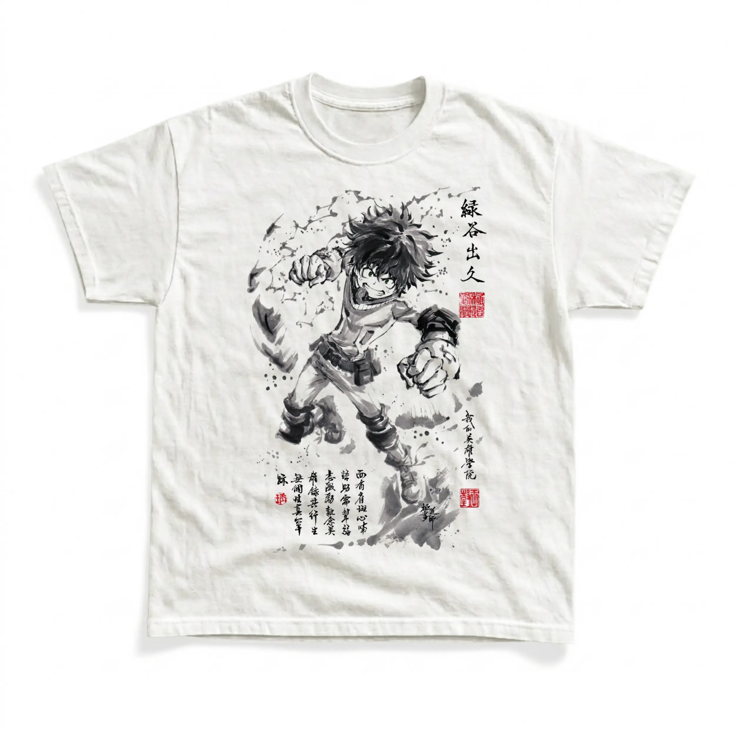 Gildan Men's and Women's T-Shirt, Vintage My Hero Academia Deku Graphic Tee, Y2K Grunge Streetwear Shirt, Sumi-e Brush Ink Superhero Tops, Anime Manga Art Apparel, Casual Clothes, Vintage Fashion Gift Tees, Premium Cotton, Menswear