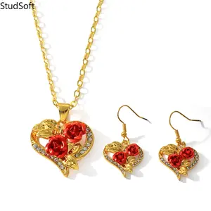 2026 New 2PCS Red Rose Heart Jewelry Set for Women, Gold Plated Crystal Necklace & Earrings, Romantic Valentine's Day Gift for Her