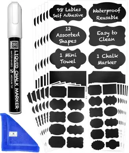 Chalkboard Labels for Jars 98pcs Waterproof Reusable Stickers 12 Shapes 3 Sizes Includes Erasable Marker & Mini Towel for Containers Storage