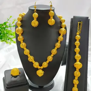 New Dubai African Bead Jewelry Set for Women Party Gifts Wedding Accessories 24K Gold Color Necklace Ring Bangle Earrings Sets