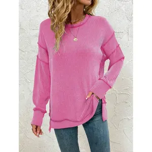 Women Long Sleeve Shirts Fall Ribbed Loose Fit Oversized Sweatshirts Casual Side Slit Tunic Tops Fabric Knit Womenswear Knitwear