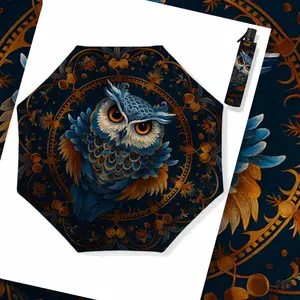 Vintage Palace Style Blue Feather Owl Automatic Umbrella, Luxury European Pattern UV Protection Sunshade, Rain and Sun Dual Use Umbrella, Automatic Folding Umbrella