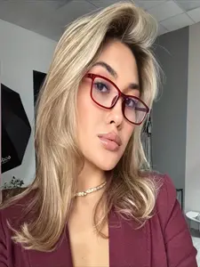 A Stylish Rectangular Red Transparent Glasses with Durable High-Quality PC Lenses for Women, Featuring a Minimalist Luxury Design. These Clear Lenses Are Suitable for a Campus Style, Workplace, Music Festivals, And Fashion Shows Minimalist Eyeglasses