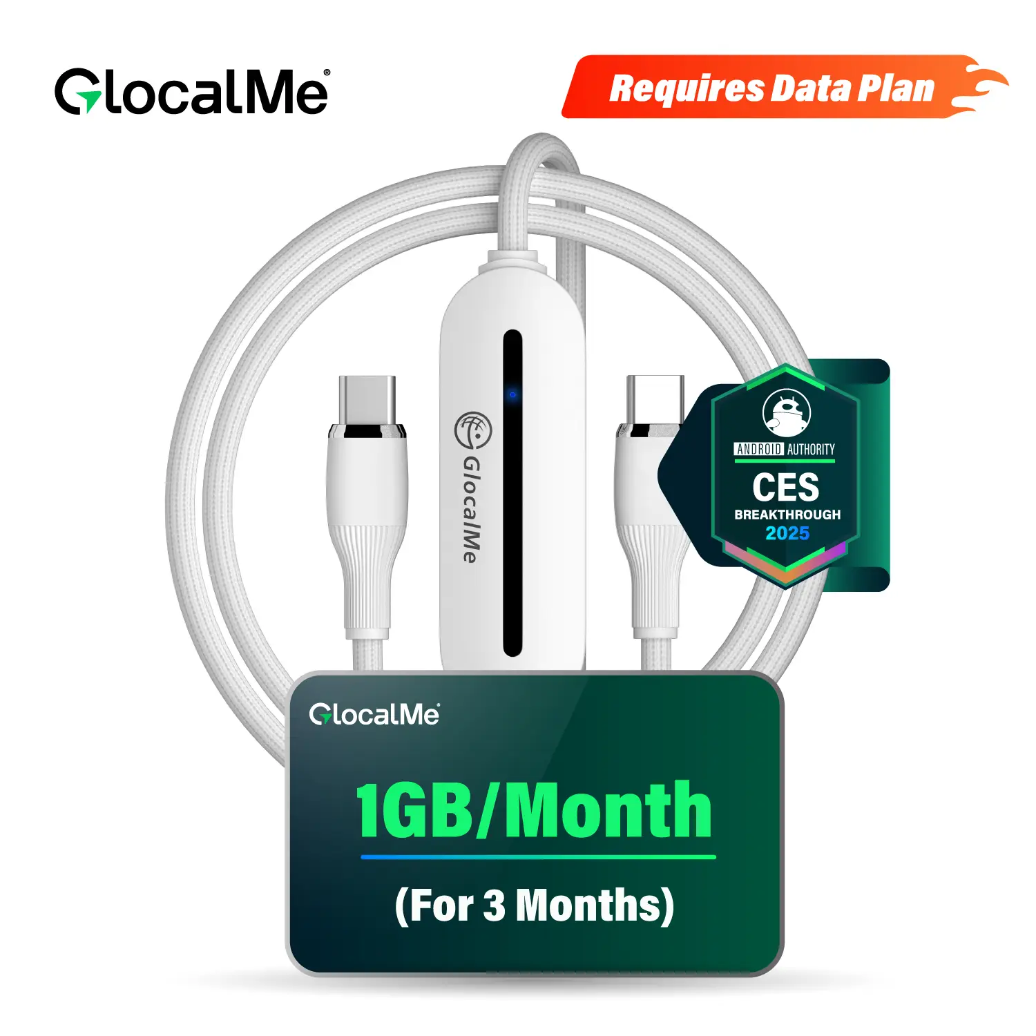 Data Plan Required | Type-C Cable | GlocalMe UniCord 3-in-1 Data Cable & 65W PD Wall Charger with 4G LTE Hotspot – Register to Get 1GB/Month for 3 Mon