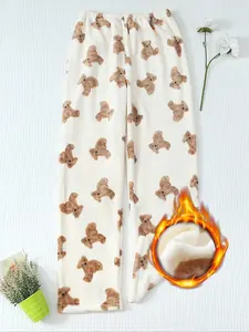 Women's Winter Cute Plush Bear Print Soft Comfortable Fitted Flannel Pajama Pants, Cozy Fleece Lined Sleepwear for Ladies