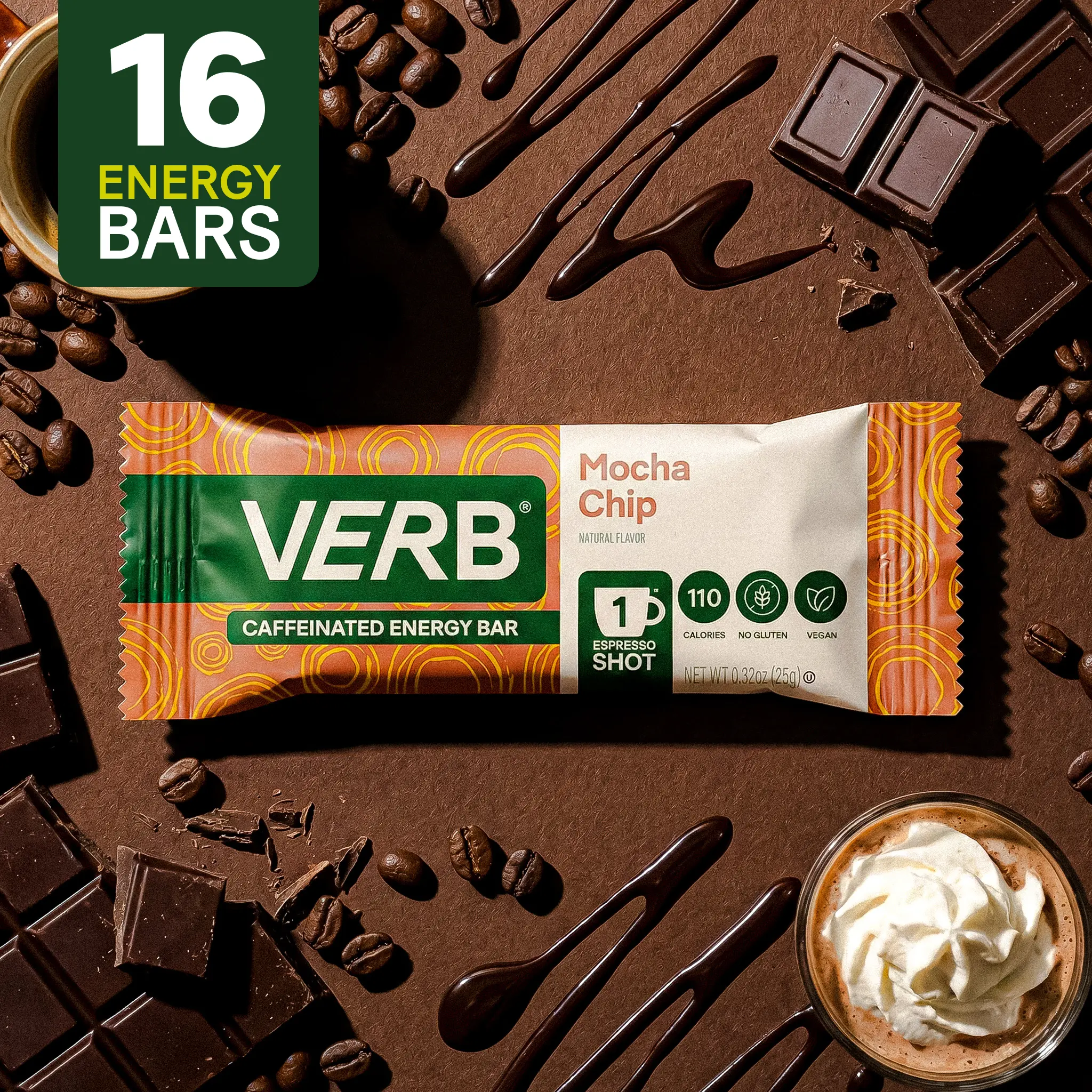 Mocha Chip Energy Bars – 16 Pack (26g Each) Vegan Coffee Alternative Snack