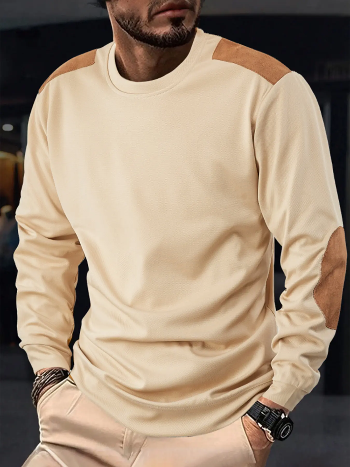Men's Patchwork Colorblock Crew Neck Round Neck Long Sleeve Fitted Pullover Sweatshirt Tops, Casual Fashion for Fall & Winter, Comfortable Soft Streetwear Classic