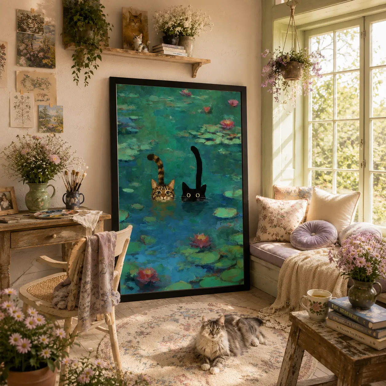 Monet Water Lilies Cat Art Print, Funny Tabby & Black Cat in Water Lily Pond Poster, Impressionism Cat Wall Decor, Cute Cat Painting for Living Room Bathroom Home Decor