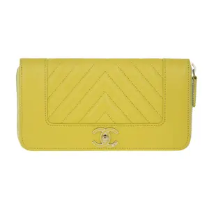 Pre-owned CHANEL Leather Small Leather Goods Chevron Vintage Mademoiselle Zip Wallet Yellow
