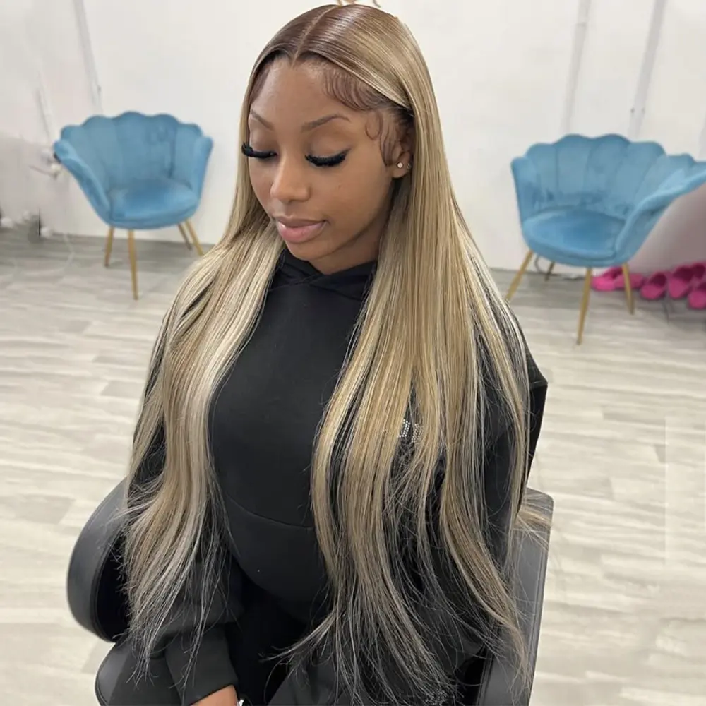 13X4 Lace Frontal Human Hair Wigs Brown Root Ash Blonde Colored Bone Straight Hairstyle Transparent Lace 200% Density Ombre Ash Blonde Human Hair Wig For Women Pre-Plucked 28 30 32 Inches, Wigs Human Hair, Heat Resistant
