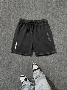 Men's Cross Print Wash Shorts, Loose Casual Fashion Graphic Shorts for Summer, Men's Bottoms for Daily Wear, Letter Patched Shorts