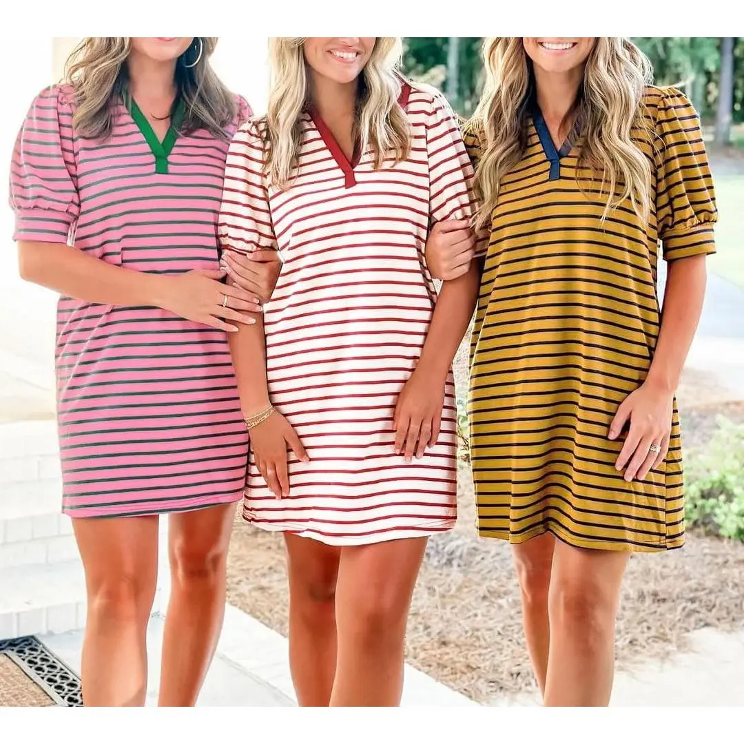 FMEYOA Women's Summer Lapel Collared V Neck Striped Dress Casual Puff Short Sleeve Polo Tshirt Dresses with Pockets