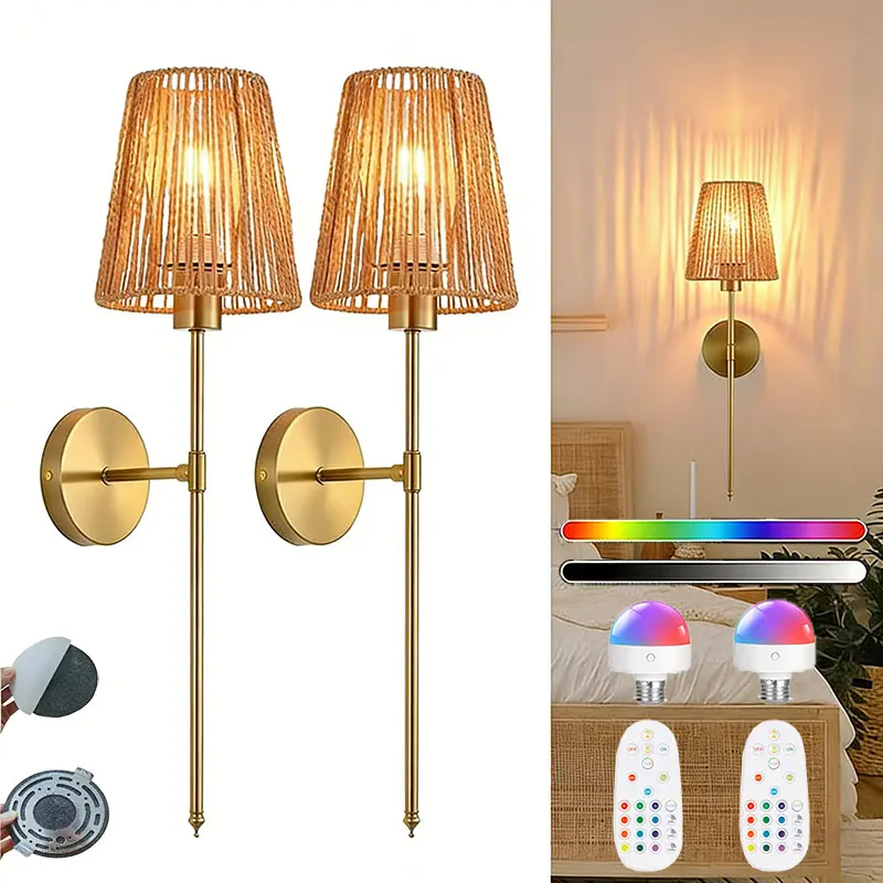 2 PCS Cordless Bohemian Rustic Rattan Wall Sconces Remote Controlled LED Mood Lights USB Rechargeable Battery Powered Double Sided Adhesive Mount No Drilling Renter Friendly Wall Lamp For Bedroom Bathroom Hallway Farmhouse Indoor Wall Decor