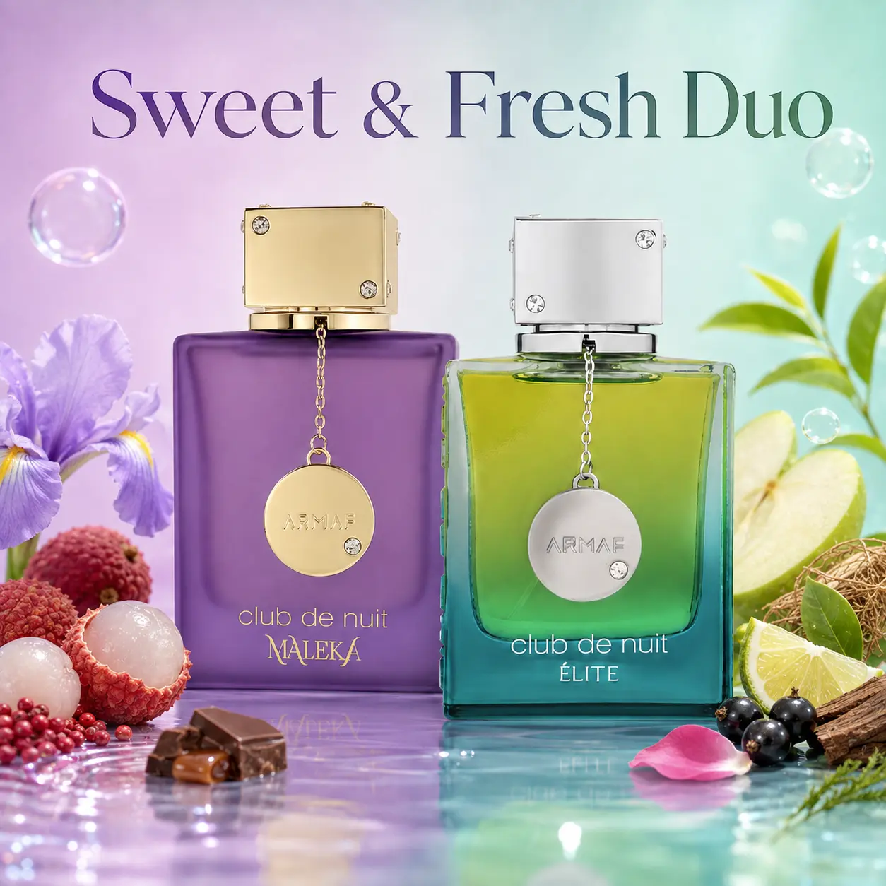 Sweet & Fresh Duo -- ARMAF Club de Nuit Élite Eau de Parfum for Men 3.4 oz / 100 ml + ARMAF Club de Nuit Maleka Eau de Parfum for Women 3.6 oz