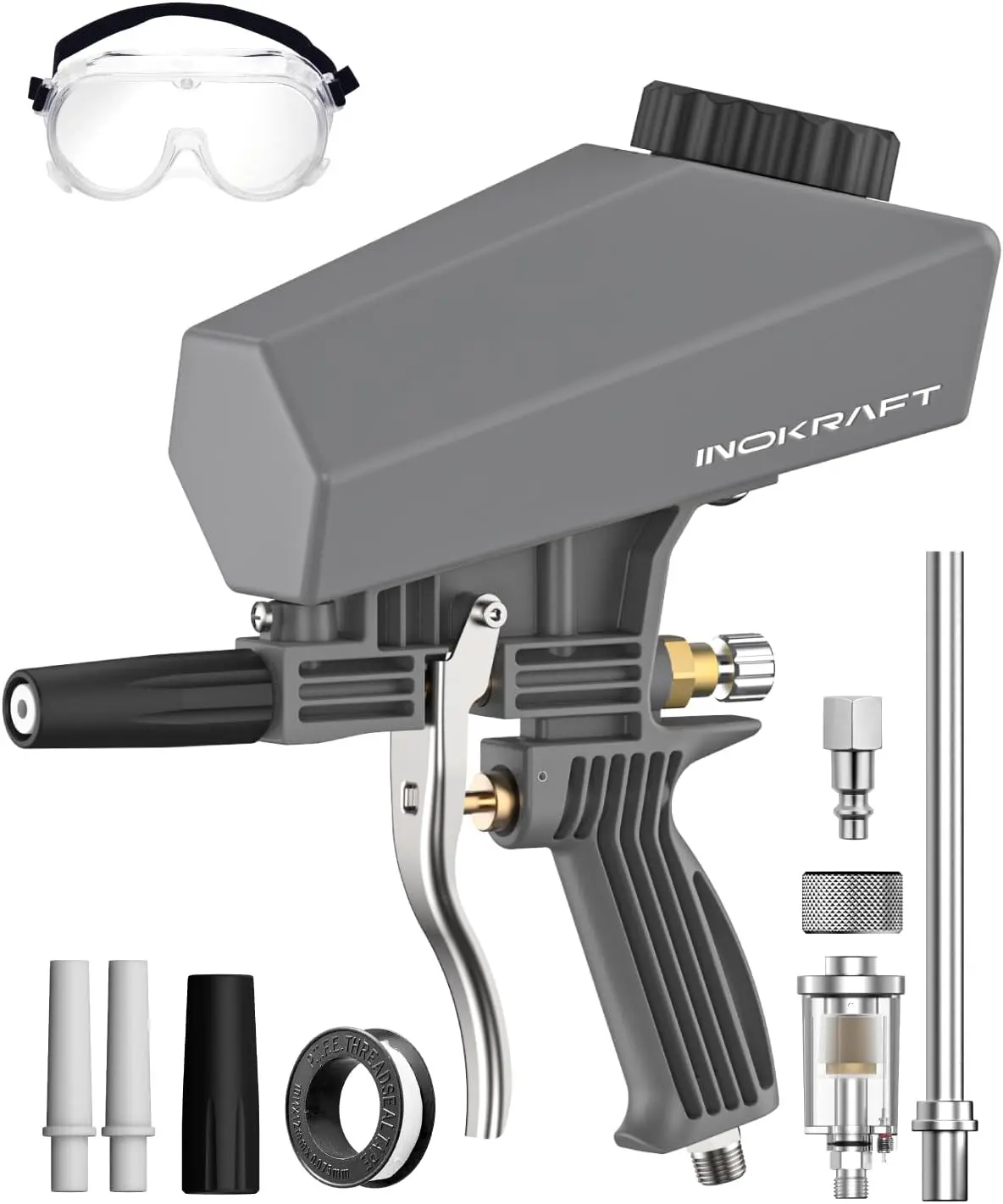 Inokraft Leak-Proof Portable Sand Blaster Gun Kit - 900cc Hopper, Compact Design, Oil-Water Separator, Extension Nozzle, Beginner Support, for Rust & Paint Removal, Compatible with Aluminum Oxide, Sand, Walnut Shell, Soda, Ceramic, Abrasive Guide