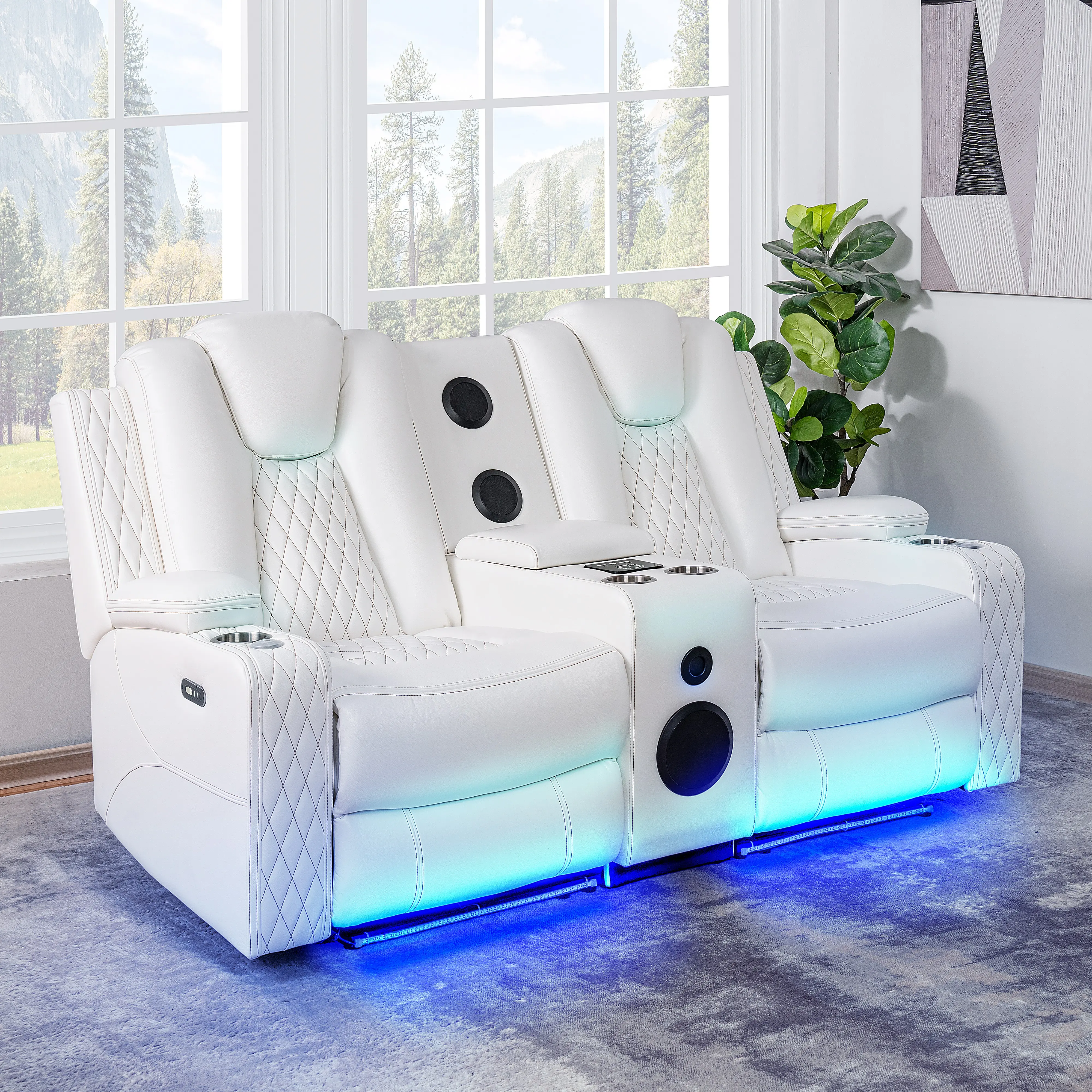 【Multi-package shipment + Free gift】Sweetgo Deluxe Theater Style Motion Loveseat with LED Lights White/Air Leather Lighting Convenience Seamless Audio Experience Music Preferences