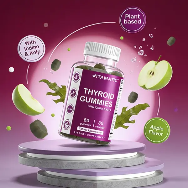 Vitamatic Vegan Thyroid Support Edible Gummy Dietary Supplements - 60 Chewable, Natural, Plant-Based Vitamins with Iodine, Kelp, Essential Minerals & Aminos for Energy, Metabolism, Wellness & Selfcare
