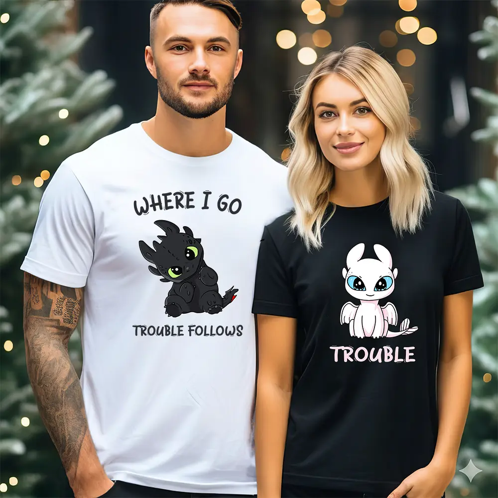 Toothless And Light Fury Where I Go Trouble Follows Shirt, Funny Couple Tee, How To Train Your Dragon Movie Shirt, Cute Gifts