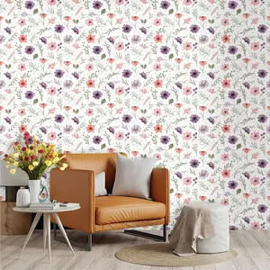 Watercolor Floral Wallpaper Roll, Coral Daisies, Light Leaves, PVC Adhesive Backing, Kitchen Living Room Bedroom Decor