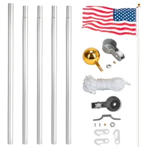 Flag Pole for Outside, Aluminum Alloy 20FT Sectional Flagpole with 3'x5' USA Flag Gold Ball Top Halyard Rope PVC Sleeve for Commercial Residential Yard Garden Silver Pole