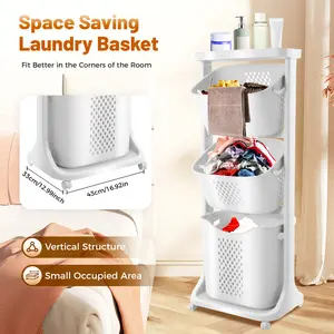 Space Saving 3 Tier Laundry Hamper Basket Sorter Clothes Storage Organizer Shelf Rolling Cart PP Material Vertical Structure 33cm x 43cm
