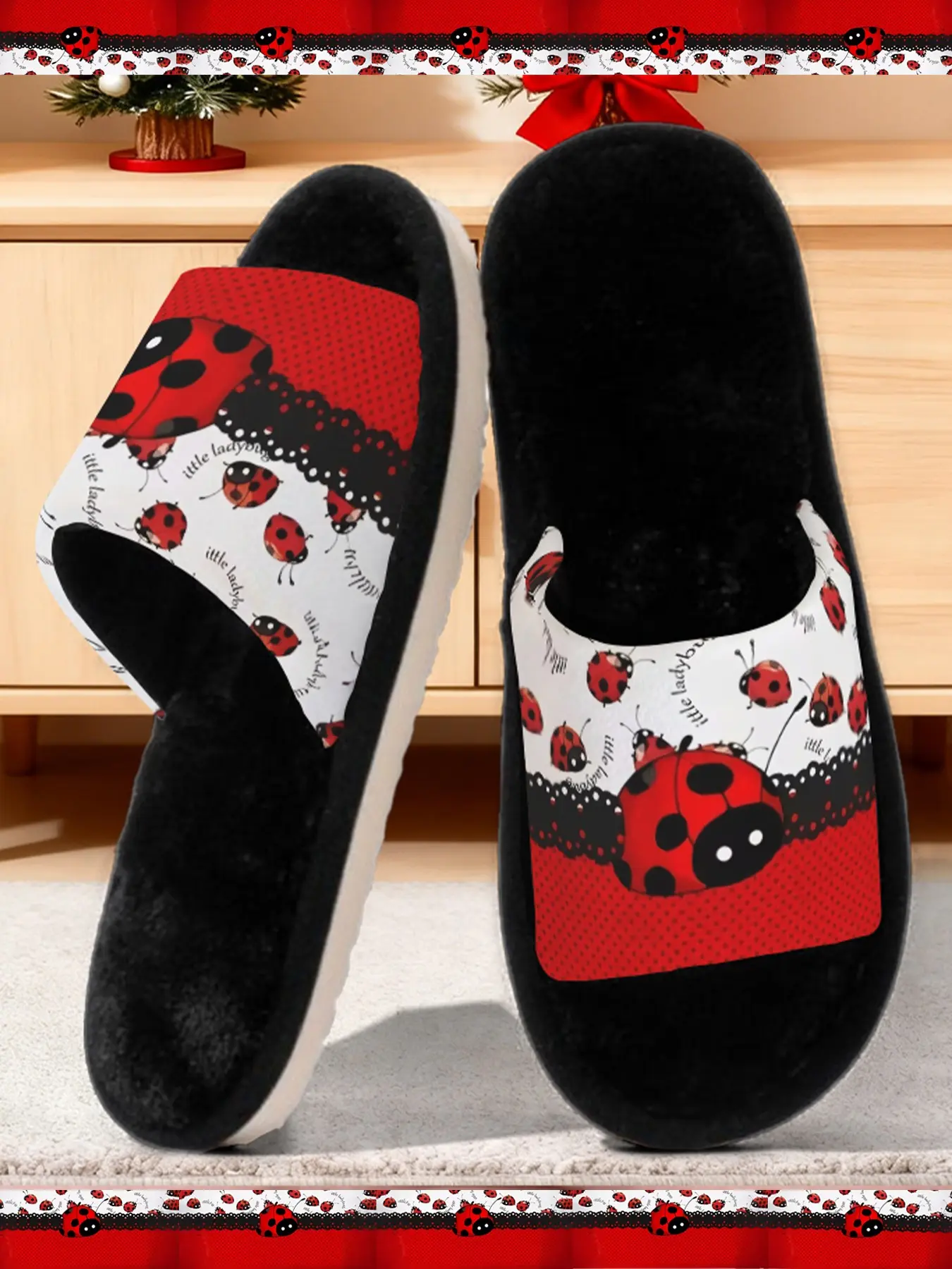 Spotted Ladybug Print Home Shoes, Unisex Indoor Slippers, Comfortable Non-Slip, All Seasons, Perfect Gift, Multi-Color, Couple Style
