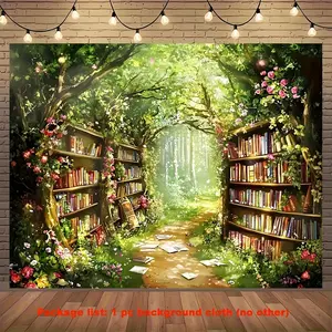 Magic Forest Library Backdrop Library Bookshelf Backdrop Book Passage Scene Background Cloth Library Tapestry Wall Hanging Photography Background Polyester Fiber Classroom School Event Party Decor Studio Prop Wall Art