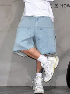Men's Denim Jean Shorts Bermudas, Summer American Streetwear Casual Style, Vintage Light Blue Loose Fit Pocket Five-Quarter Pants, Washed Retro Look