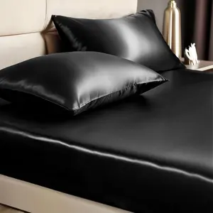 Satin Sheet and Pillowcases, Similar to Silk Bottom Sheet with Elastic Corner Straps, Deep Pocket up to 15 Inch, 1 Sheet and 2 Pillowcases(Full, Black)