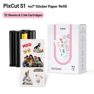 Liene Sticker Paper & Cartridge (Enhanced Adhesion Version) - 2 Ink Cartridge Refills & 72 Sheets 4x7" Photo Paper, Dye Sublimation Waterproof, Compatible with Liene PixCut S1