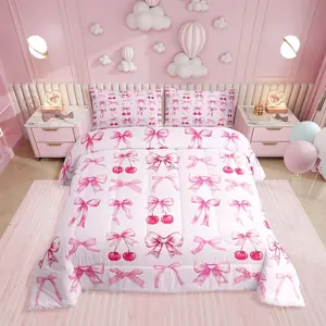 Pink Cherry Bow Comforter Set,Cute Silk Ribbon Bowknot Bedding Sets,Princess Bow Tie Bed Set,Dreamy Kawaii Girly Light Pink Aesthetic Duvet Set