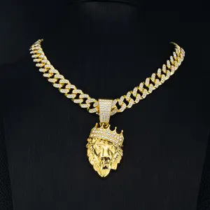Men’s Cuban Chain Necklace with Lion Head Crown Pendant, Hip Hop Streetwear Jewelry, Bold Statement Accessory, Trendy and Edgy Small-Brand Design, Perfect Gift for Him, Adds Regal, Urban, and Fashion-Forward Style to Casual, Party, or Nightlife Looks