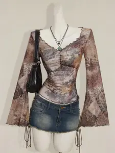 SOLEMN Fall Women's Western Boho Teal Allover Print V-Neck Ruched Elegant Long Sleeve Blouse