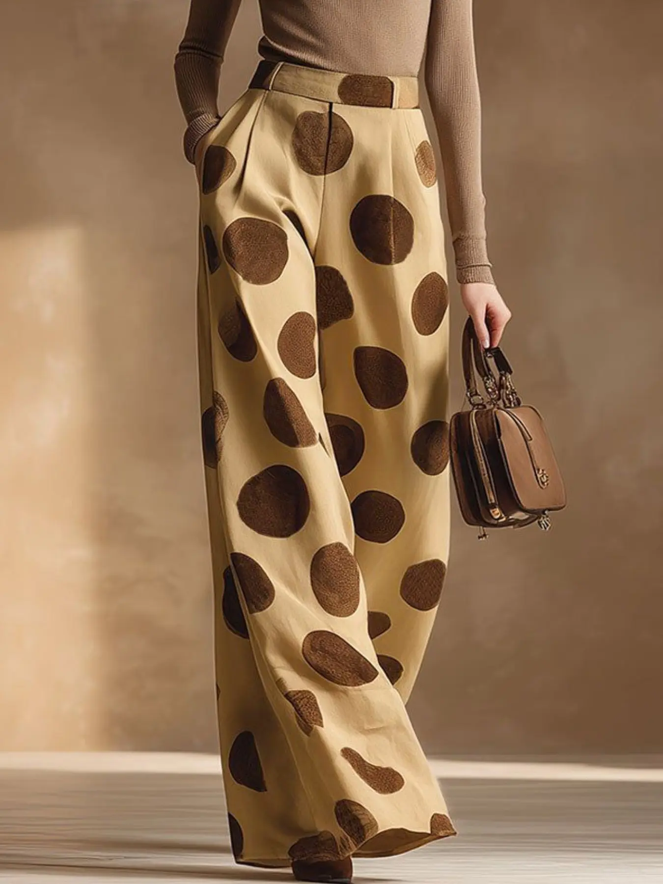 High-Waisted Wide Leg Pants with Pleats and Pockets, Polka Dot Long Trousers, Stylish and Comfortable Bottoms for Women, Casual Pocket Pants, Casual Loose Pants, Casual Chic Bottoms, Casual High Rise