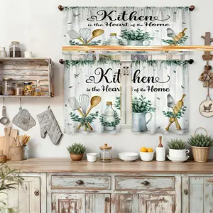 3pcs Kitchen Curtains Convey a Warm Atmosphere in the Kitchen. Wooden Spoons, Whisks, and Potted Plants Adorn the Space. Designed for Rod Pocket Hanging Style, This Home Decor Features Artistic Prints and Is Available in Multiple Sizes, Excluding the Rod.