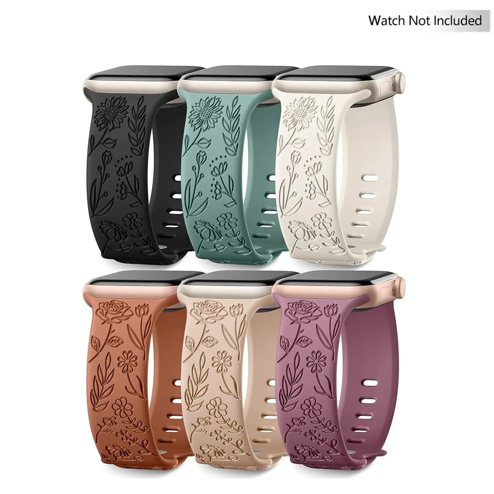 Personalized Floral Engraved Bands for Women, Wearable Accessories Compatible with Watch Band 38mm to 49mm, Soft Silicone Sport Strap for iWatch Bands