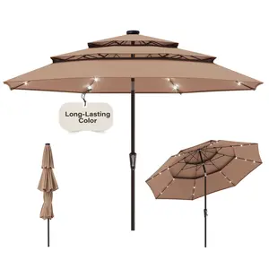 （LED Lights）LAUSAINT HOME 10 ft Patio Umbrella with Solar, 3-tier ventilated market umbrella with fiberglass ribs and crank tilt for poolside, garden, deck, outdoor dining, beige