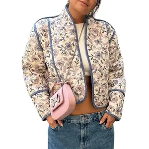 Naeduo Women's Cropped Floral Quilted Jacket Cardigan Printed Lightweight Open Front Padded Puffer Coat