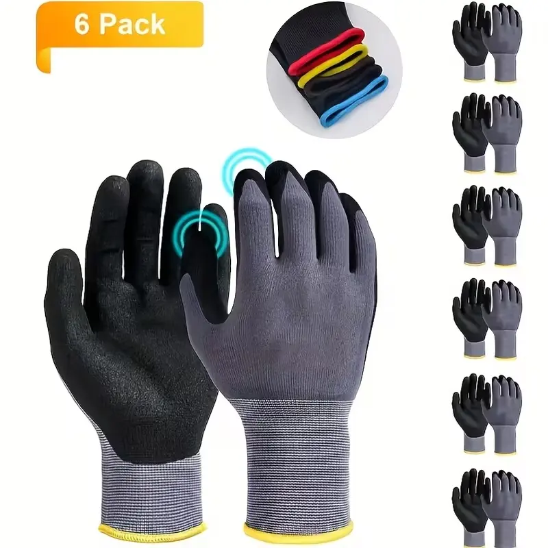 6 pairs of safety work gloves, wear-resistant and anti-slip, touchscreen compatible, suitable for warehouses, construction machinery, gardens, logistics, and auto repair