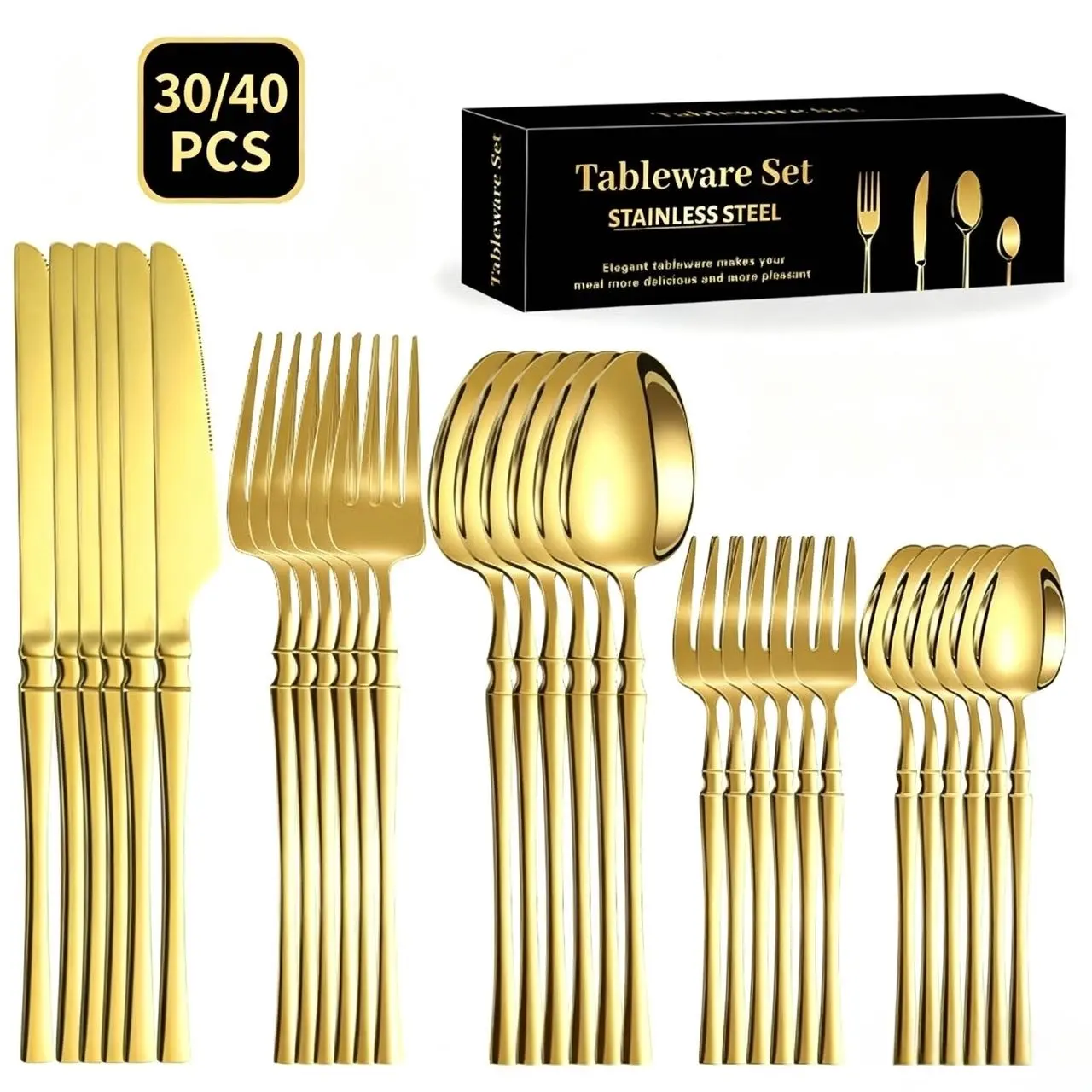 Stainless Corrosion-Resistant Steel Dinnerware Set, 30/4040Pcs Gold & Silver Mirror Polished Cutlery Tableware Kit, 8-Service Combination Dinner Sets for Kitchen, Wedding