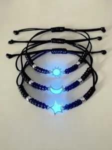 3pcs Luminous Matching Bracelets Set – Sun, Moon & Star Glow Bracelets, Adjustable Cord Friendship Jewelry for Couple Gift, Birthday & Holiday